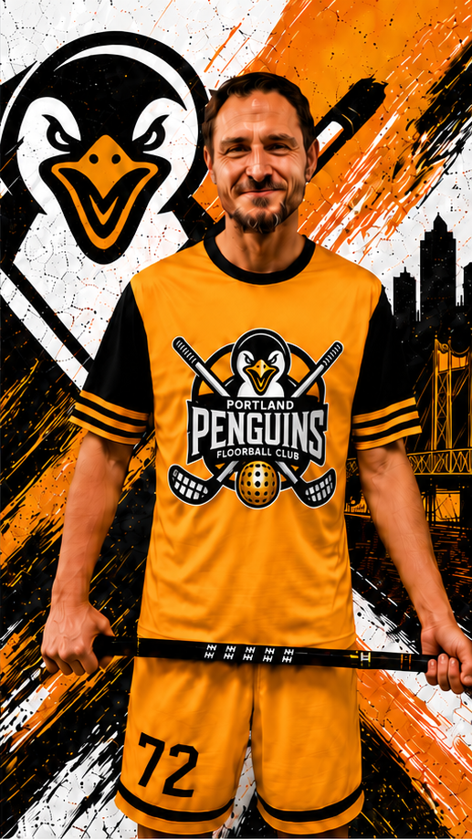 Max Sigander in a Portland Penguins uniform holding a floorball stick