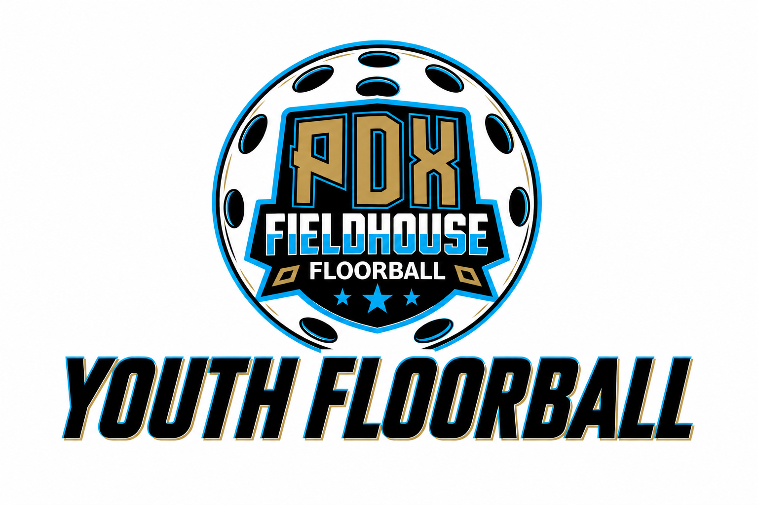 PDX Fieldhouse Floorball ball logo with the words Youth Floorball